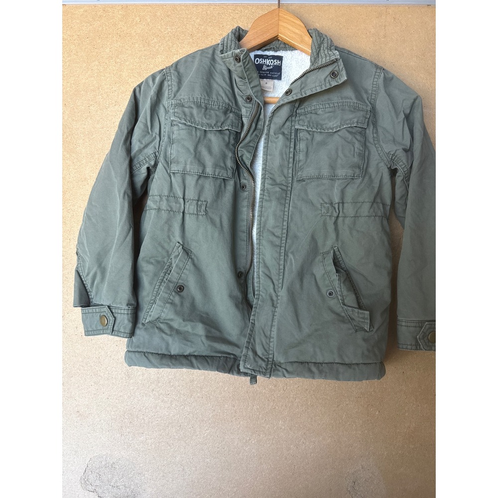 OshKosh Bgosh Boys Olive Green Sherpa Lined Cotton Canvas Field Jacket Size 8